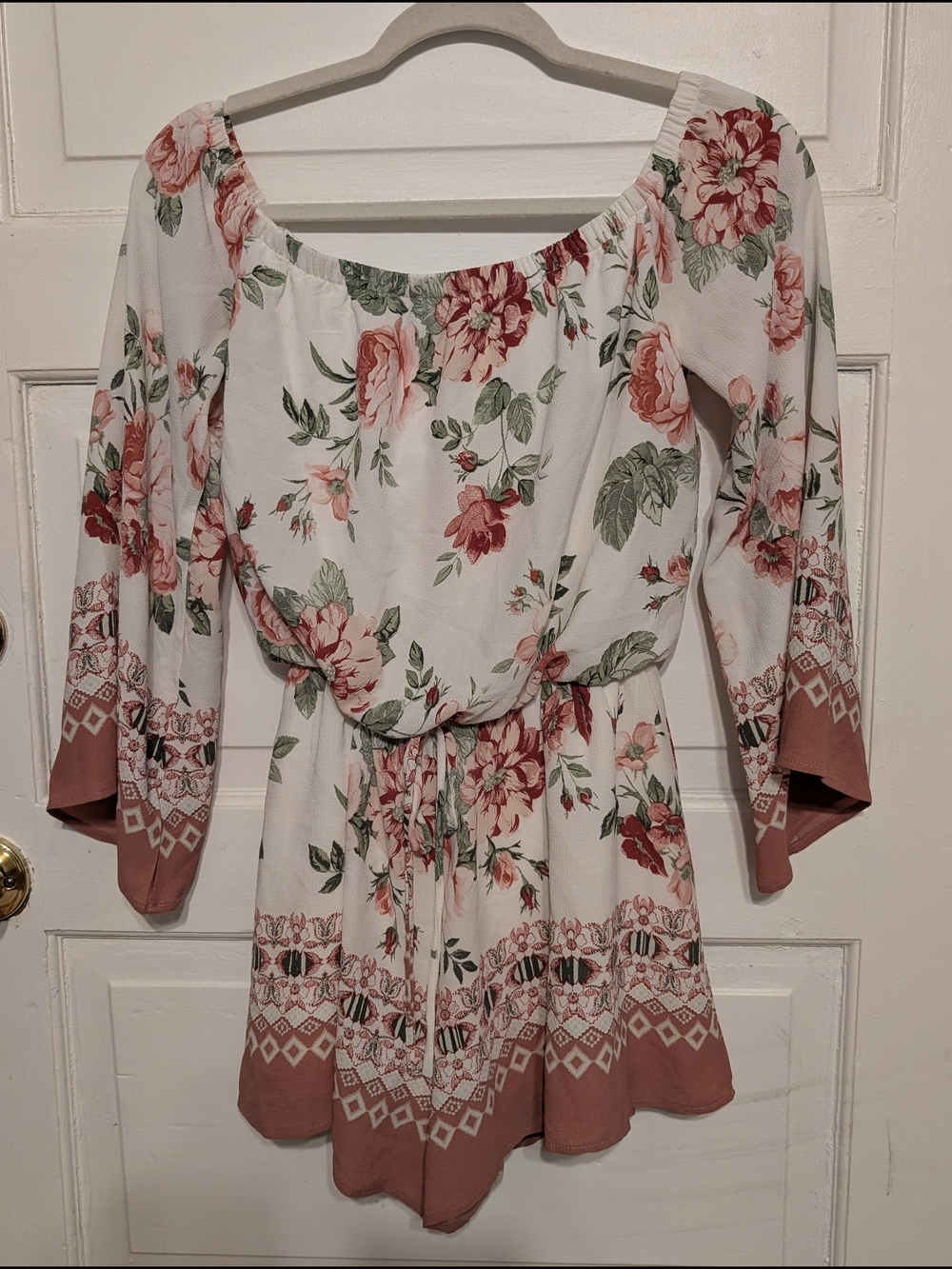 Floral Off-Shoulder Romper in Dusty Rose and Sage Size S Whimsy Cottage Core